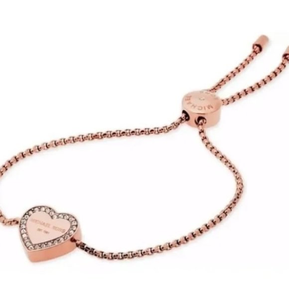MICHAEL Michael Kors Jewelry - Michael Kors Rose Gold Heritage Pave Logo Heart Slider Bolo Bracelet